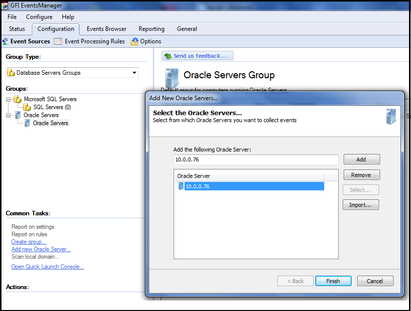ADDING ORACLE SERVER IN THE GFI EVENT MANAGER